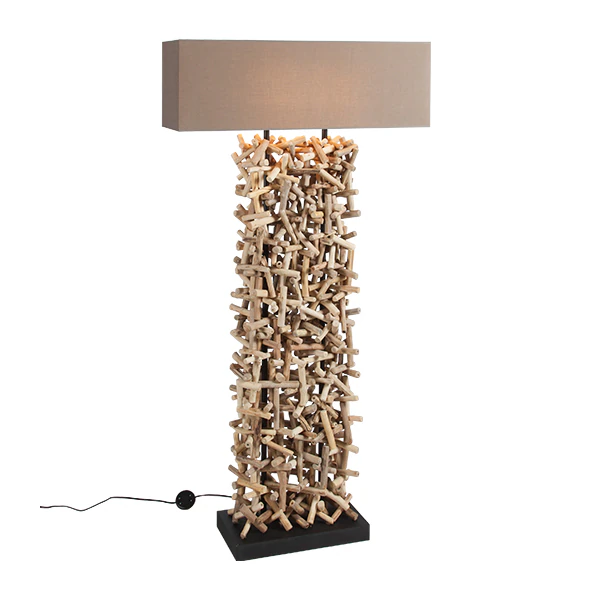 Lampa podłogowa Fragmento drewniana z brązowym abażurem